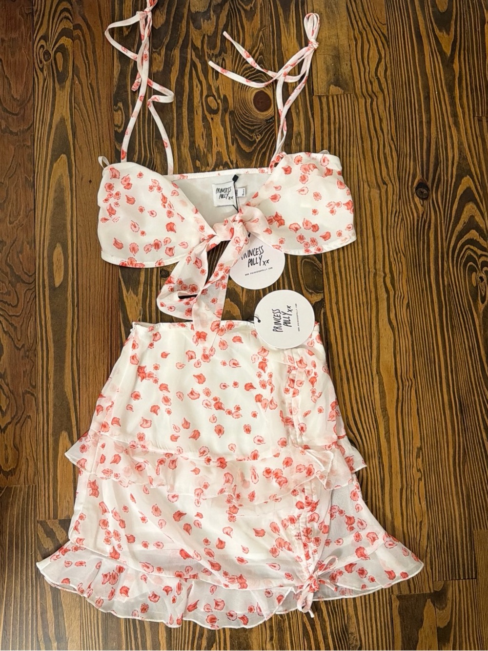 Princess Polly White and Coral Floral Tie-Front Two-Piece Set